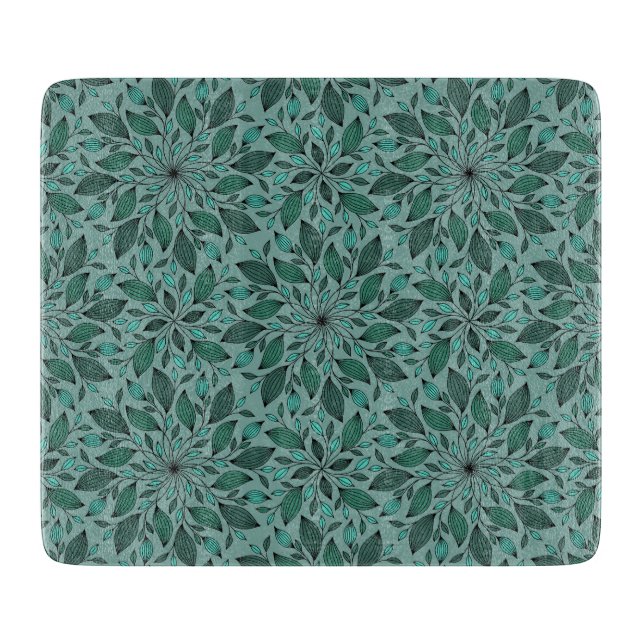 Elegant Teal Floral Pattern with Leaf Mandala  Cutting Board (Front)