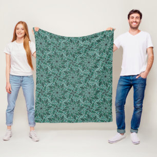 Elegant Teal Floral Pattern with Leaf Mandala Fleece Blanket