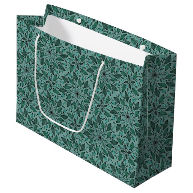 Elegant Teal Floral Pattern with Leaf Mandala  Large Gift Bag (Front Angled)