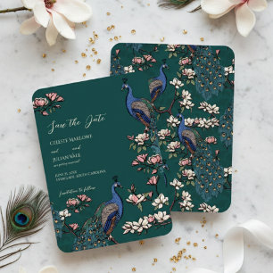 Elegant Teal Floral Peacock Wedding Save The Date