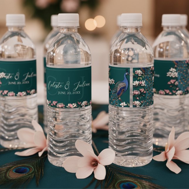 Elegant Teal Floral Peacock Wedding Water Bottle Label (Elegant Floral Peacock Water Bottle Label. Modern Chinoiserie Peacock, Flowers Teal Food Drink Label)