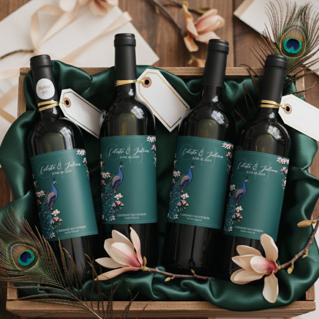 Elegant Teal Floral Peacock Wedding Wine Labels (Elegant Teal Peacock Wedding Wine Bottle Labels. Rustic Blue & Teal Peacock Bird & Magnolia Flowers)