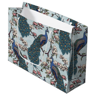 Elegant Teal Floral Peacocks and Magnolia Flowers Large Gift Bag