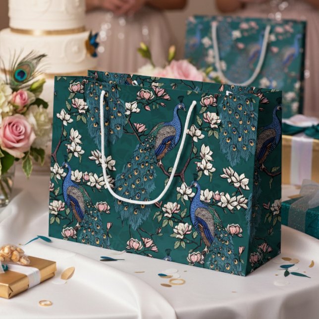 Elegant Teal Floral Peacocks and Magnolia Flowers Large Gift Bag (Beautiful Floral Peacock Bird, Teal Feathers Large Gift Bag. Colorful Vintage Chinoiserie Style.)