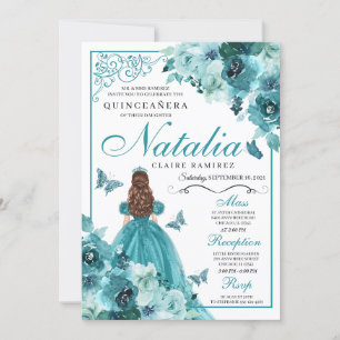 Elegant Teal Floral Quinceanera Birthday Invitatio Invitation