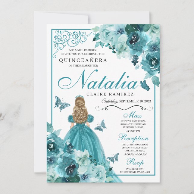 Elegant Teal Floral Quinceanera Birthday Invitatio Invitation (Front)