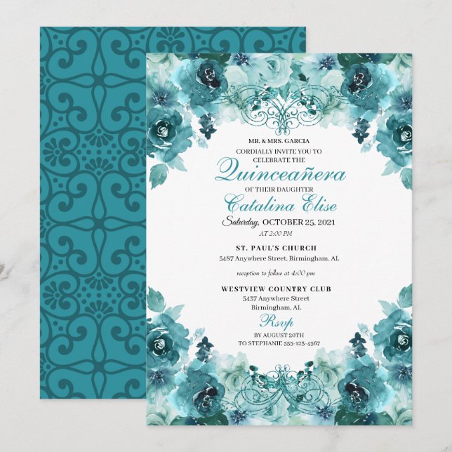 Elegant Teal Floral Quinceanera Birthday Invitation (Front/Back)