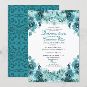 Elegant Teal Floral Quinceanera Birthday Invitation
