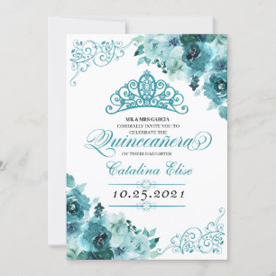 Elegant Teal Floral Quinceanera Birthday Invitation