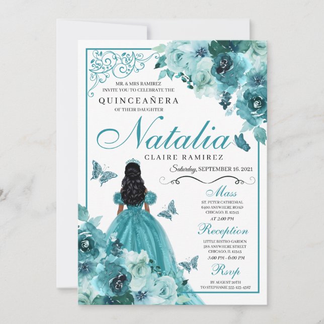 Elegant Teal Floral Quinceanera Birthday Invitation (Front)