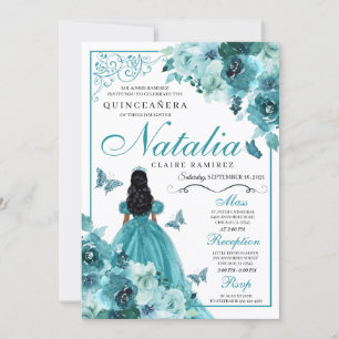 Elegant Teal Floral Quinceanera Birthday Invitation