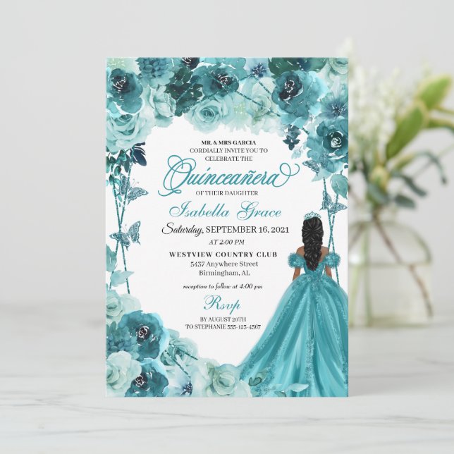 Elegant Teal Floral Quinceanera Invitation (Standing Front)