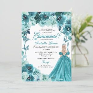 Elegant Teal Floral Quinceanera Invitation