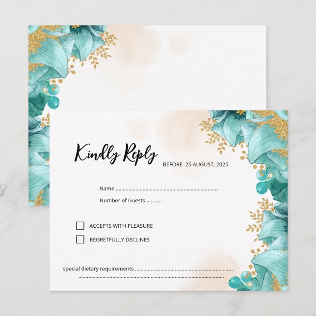 Elegant Teal Floral RSVP Card (Front/Back)