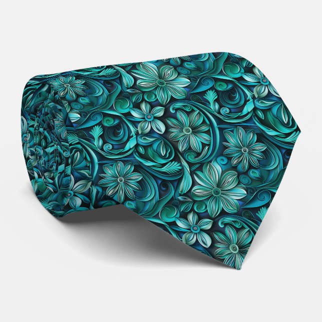 Elegant teal floral tiled pattern  tie (Rolled)
