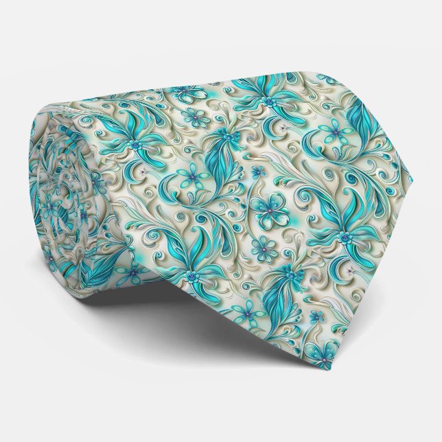 Elegant teal floral tiled pattern  tie (Rolled)