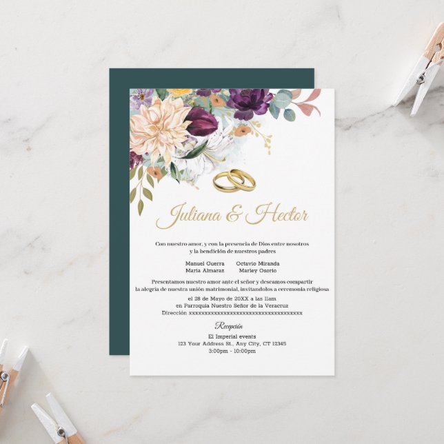 Elegant Teal Floral Wedding Invitation (Front/Back In Situ)