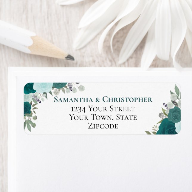 Elegant Teal Floral Wedding Return Address (Insitu)