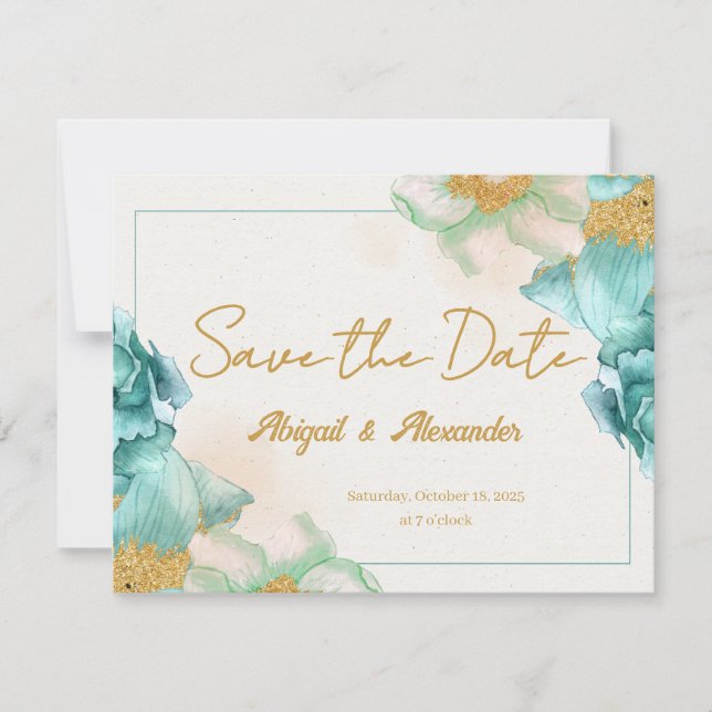 Elegant Teal Flower 'Save the Date' Card (Front)