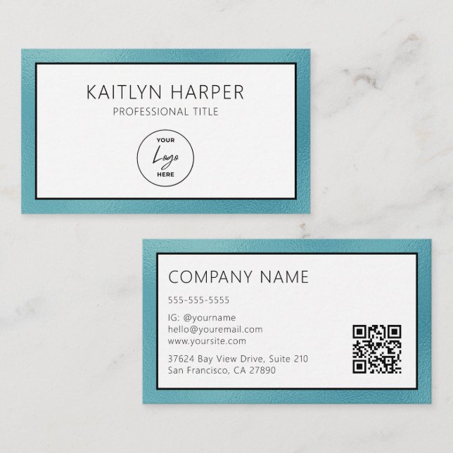 Elegant Teal Foil Edged Logo QR Code Business Card (Front/Back)
