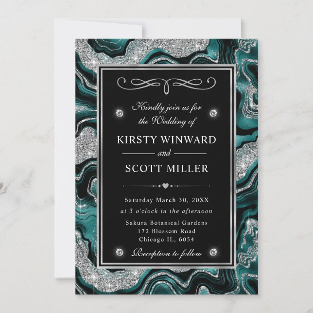 Elegant Teal Foil & Silver Glitter Agate Wedding Invitation (Front)