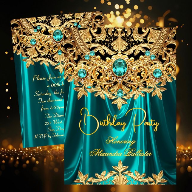 Elegant Teal Gems Gold Lace Damask Birthday Party Invitation (Creator Uploaded)