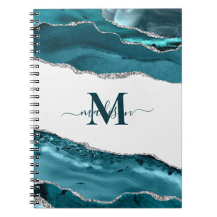 Elegant Teal Geode Agate Monogrammed Gold Glitter Notebook