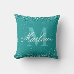 Elegant Teal Glitter Blue Green Monogram Cushion