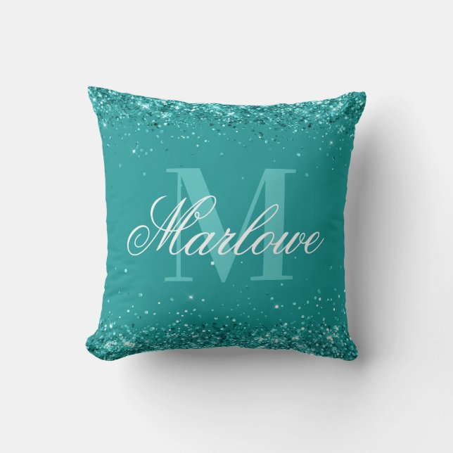 Elegant Teal Glitter Blue Green Monogram Cushion (Front)