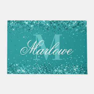Elegant Teal Glitter Blue Green Monogram Doormat