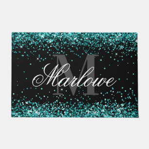 Elegant Teal Glitter Blue Green Monogram Doormat