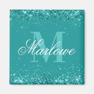 Elegant Teal Glitter Blue Green Monogram Magnet