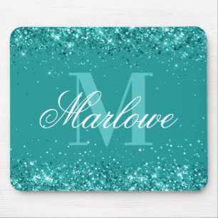 Elegant Teal Glitter Blue Green Monogram Mouse Mat