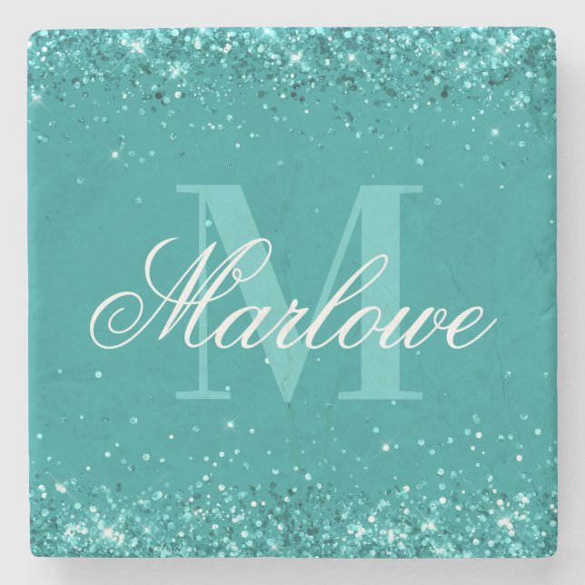 Elegant Teal Glitter Blue Green Monogram Stone Coaster (Front)