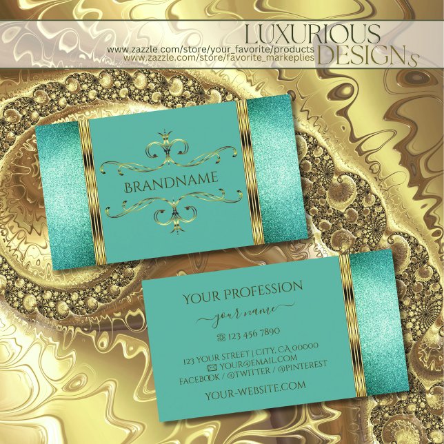 Elegant Teal Glitter Gold Border Ornate Ornaments Business Card (Creator Uploaded)