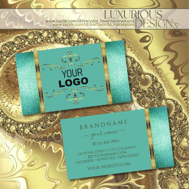 Elegant Teal Glitter Gold Border Ornate with Logo Business Card (Creator Uploaded)