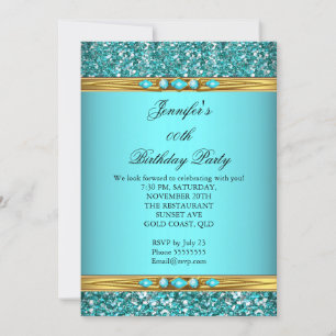 Elegant Teal Glitter Gold Diamond Birthday Party 2 Invitation