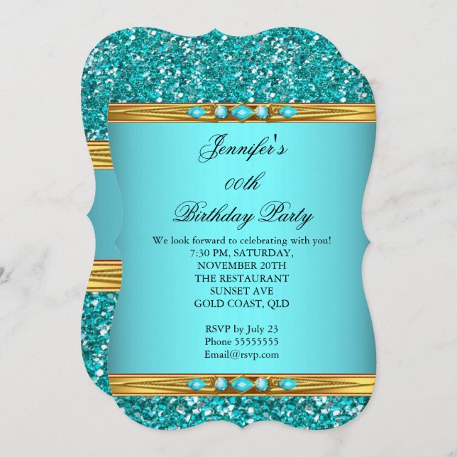 Elegant Teal Glitter Gold Diamond Birthday Party 2 Invitation (Front/Back)