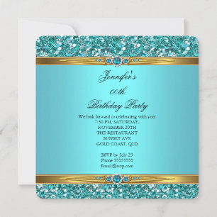 Elegant Teal Glitter Gold Diamond Pearl Birthday Invitation