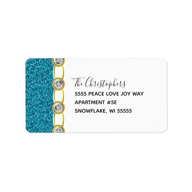 Elegant Teal Glitter Gold Jewels Holiday Address Label (Front)