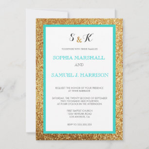 Elegant Teal Glitter Gold Wedding Invitation