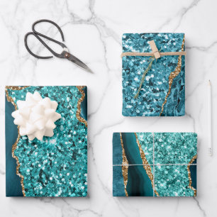 Elegant Teal Glitter Ocean Agate Birthday Party Wrapping Paper Sheet