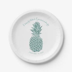 Elegant Teal Glitter Pineapple Quinceanera Party Paper Plate