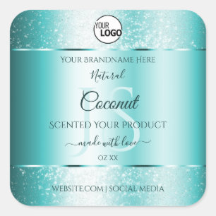 Elegant Teal Glitter Product Labels Monogram Logo