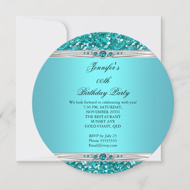 Elegant Teal Glitter Silver Diamond Pearl Birthday Invitation (Front)