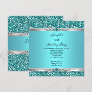 Elegant Teal Glitter Silver Diamond Pearl Birthday Invitation