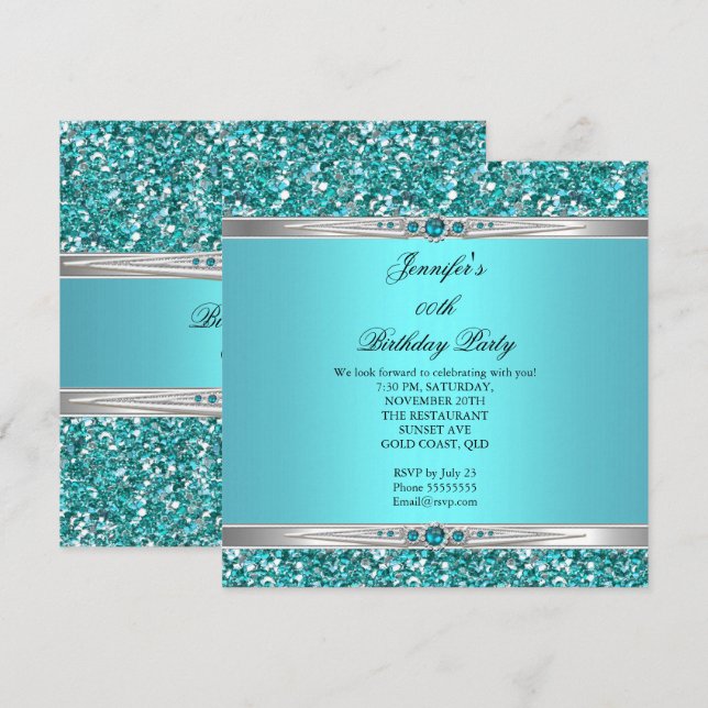 Elegant Teal Glitter Silver Diamond Pearl Birthday Invitation (Front/Back)