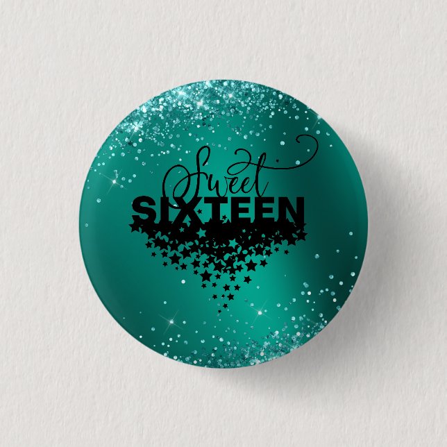 Elegant Teal Glitter Sweet 16 Birthday Button (Front)