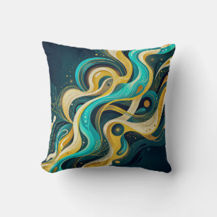 Elegant Teal Gold Abstract Flow Art Cushion