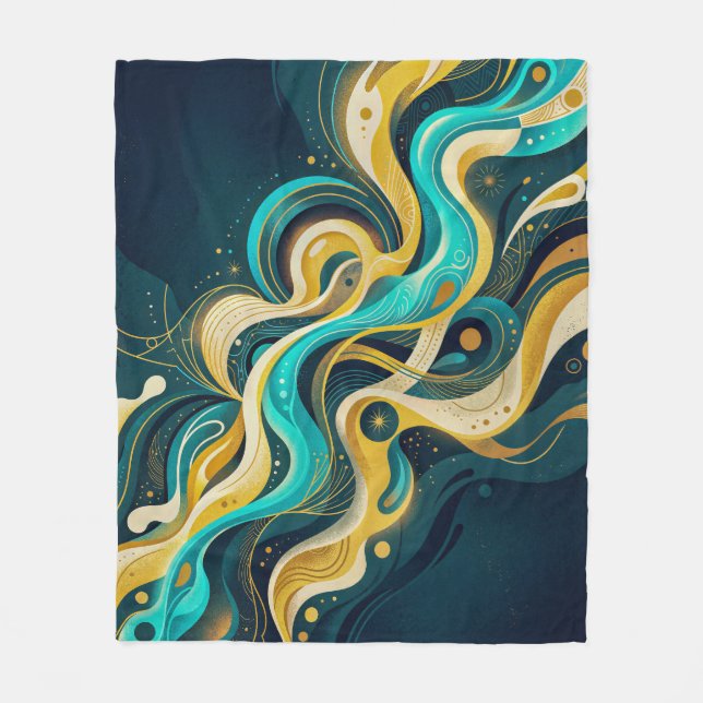Elegant Teal Gold Abstract Flow Art Fleece Blanket (Front)